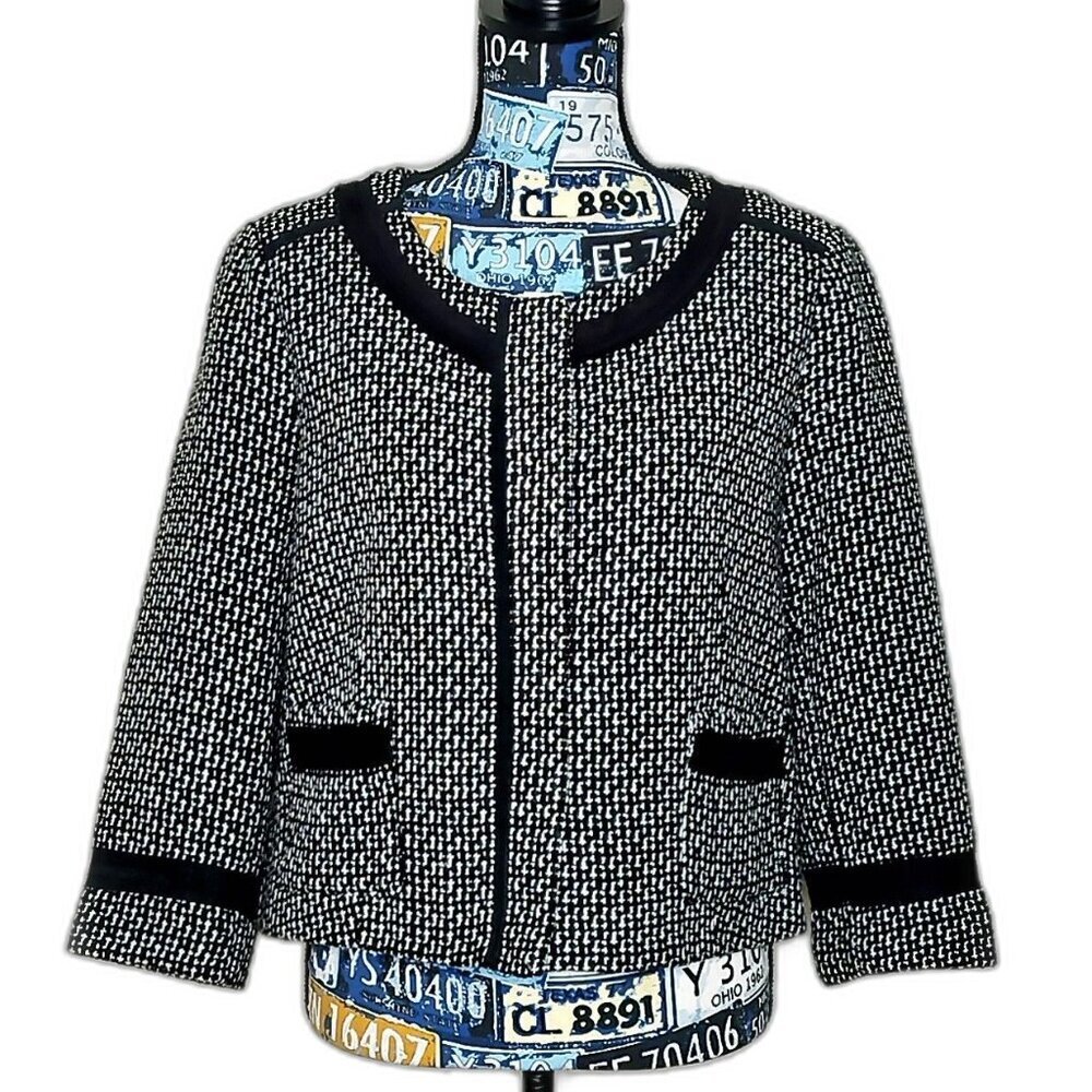 SANDRO Petite Tweed Jacket Blazer Cropped Snap Up Black White Sz PL Petite Large